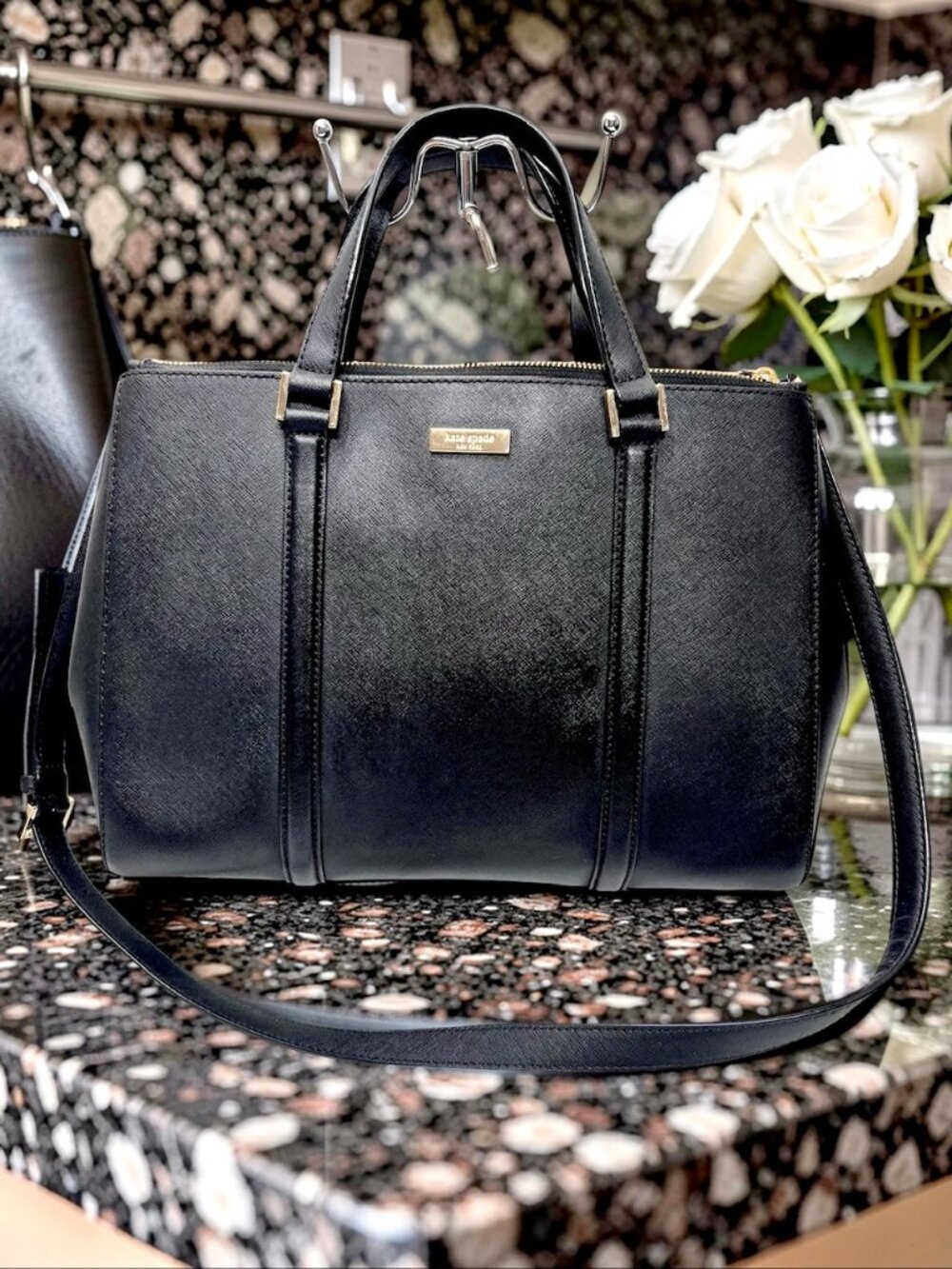 New Kate Spade Newbury Lane Joden Black Saffiano Leather XL Tote Bag+ Pink Scarf - Picture 6 of 16